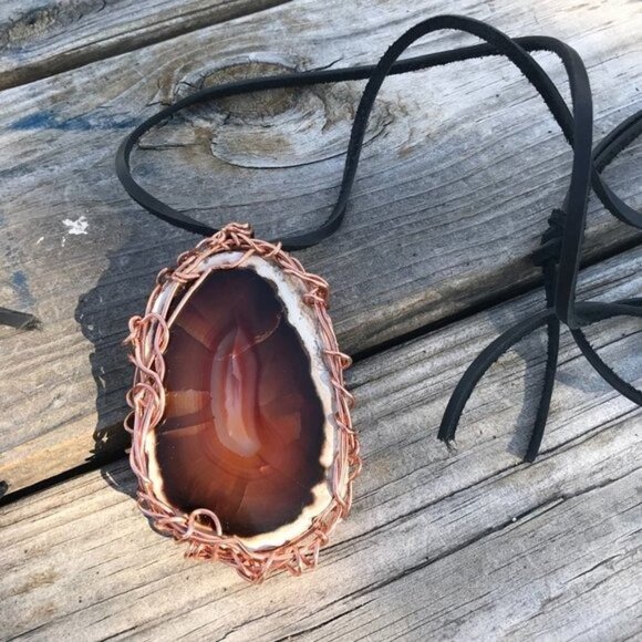 Pendant Agate Sard Copper Tribal Leather Carnelian Unisex Rustic Burning Man - Picture 7 of 10